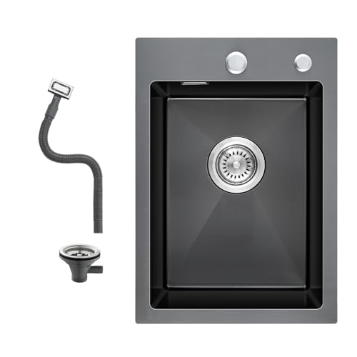 Fregadero de cocina de acero inoxidable de 35 x 50 cm con colador y rebosadero, instalación de montaje superior, para mueble de base de 30 cm de ancho, fregadero de cocina de un seno con 2 orificio