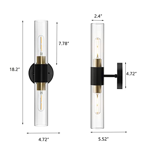 Baoden Set Of 2 Modern Wall Sconce 2-Lights Bathroom Vanity Wall Light Clear Glass Shade Gold Brushed Brass& Matte Black Finished Lighting Fixture Industrial Wall Lamp For Mirror Living Room Hallway #TOP3
