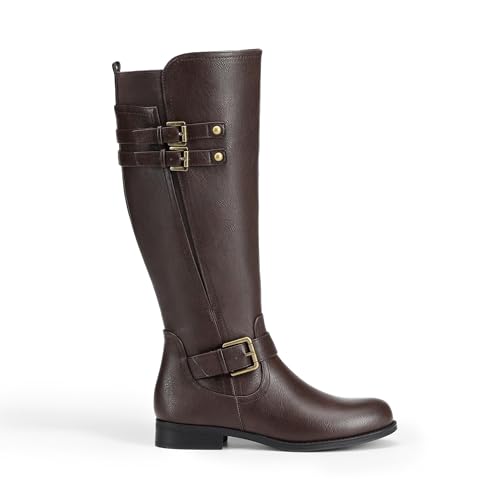 DREAM PAIRS DREAM PAIRS Women's Knee High Riding Pirate Boots, Comfortable Low Chunky Heel Flat Motorcycle Buckle Boots for Women,Size 8.5,Brown,SDKB2413W
