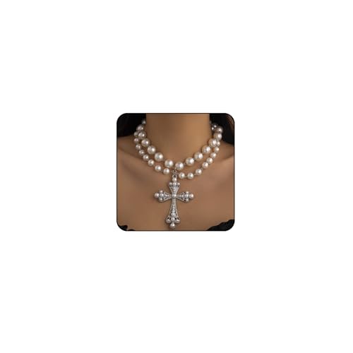 Pearl Cross Necklace Big Cross Pendants Necklaces for Women Chunky Pearl Necklace Gothic Cross Necklace Punk Vintage Cross Jewelry Women