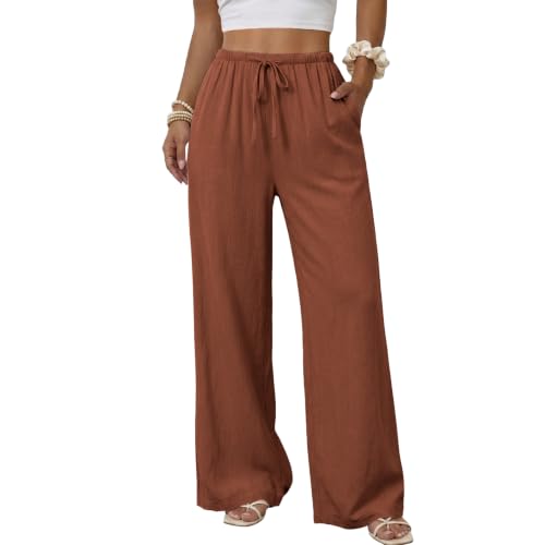 Image of Duyang Womens Cotton Linen Palazzo Pants Drawstring Elastic Waist Casual Wide Leg Trousers with Pockets