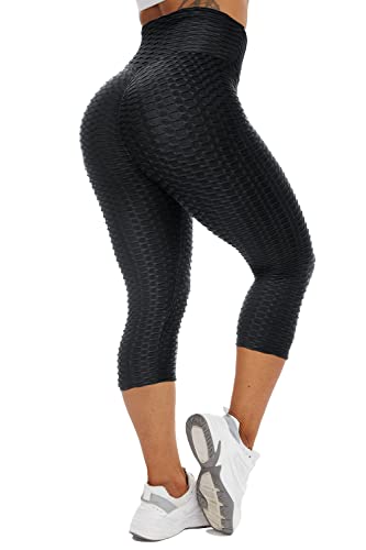YOFIT Womens Butt Lift Ruched Capri High Waist Yoga Pants Solid Push up Workout Leggings #1 Black 2XL