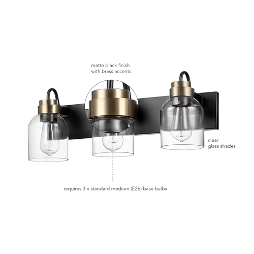 Image of Globe Electric 22 inch 3-Light Matte Black Vanity Light with Matte Brass Accents and Glass Shades