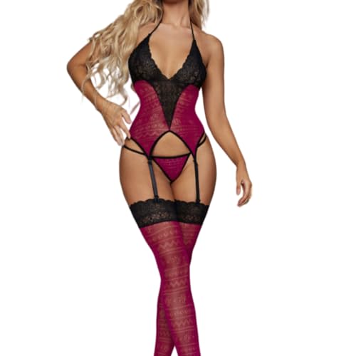 KFLY Sexy Bodystocking Dessous für Damen Fischnetz Body Catsuit mit Spitze Strümpfe Halfter Netz Ouvert Strumpfhose Babydoll Unterwäsche...