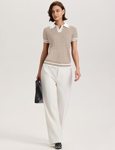 Image of Micoson Womens Short Sleeve Sweater Tops Lapel V Neck Polo Shirts 2026 Summer Cable Knit Loose Blouse Business Casual Outfits
