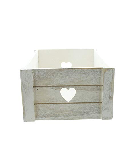 FRANK FLECHTWAREN Universalkiste Holz mit Herzmuster 30 x 20 x 12 cm Aufbewahrungsbox dekorative Holzkiste weiß gekalkt naturfarben stabil handgefertigt