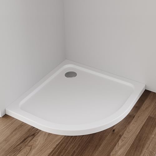 IMPTS Plato de ducha 90 x 90 x 4 cm, redondo, juego completo, extra plano, acrílico, blanco, para mampara de ducha, incluye desagüe