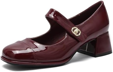Mary Jane Heels Women Dressy Patent Leather Chunky Pumps Closed Toe Ankle Strap 
