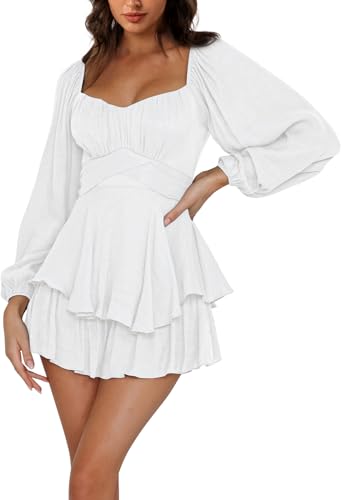 Mannice Rompers for Women Dressy Pirate Dress Short/Long Sleeve Romper Ruffle Layer Back Tie Mini Short Jumpsuit