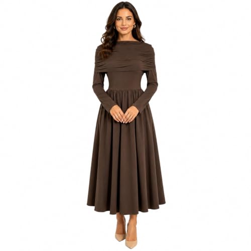 Krumba Women Modest Formal Dress: Long Sleeve Midi Church Wear Brown S