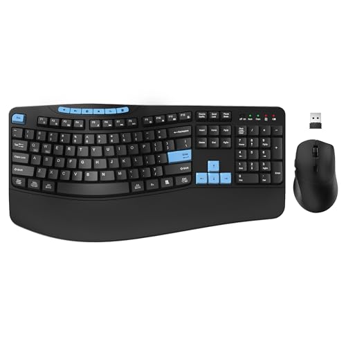Wireless Keyboard and Mouse Combo Ergonomic Keyboard with 6 Multimedia Keys 2.4G Full Size Keyboard with Wrist Rest 3-Level DPI Wireless Silent Mouse with 6-Buttons for Windows (Blue Black)