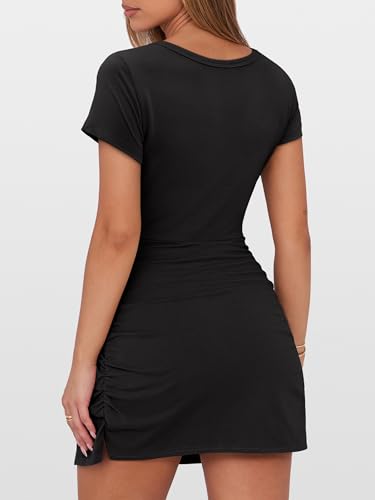 Caracilia Women Summer Short Sleeve Square Neck Bodycon Tie Cinched Waist Romper Mini Dress Athletic Night Out Vacation Dress4