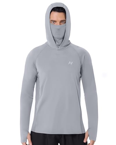 isnowood Mens UPF 50+ Fishing Sun Hoodie UV Protection Long Sleeve Hooded Shirt with Mask for Hiking outdoor Light Gray