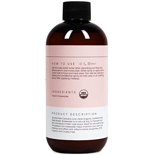 Rose Water Spray for Face & Hair (Refill) - Organic USDA Certified Rosewater Facial Toner - Alcohol-Free Makeup Setting Hydrating Face Mist - Anti-Aging Toner Spray - 8 Fl Oz