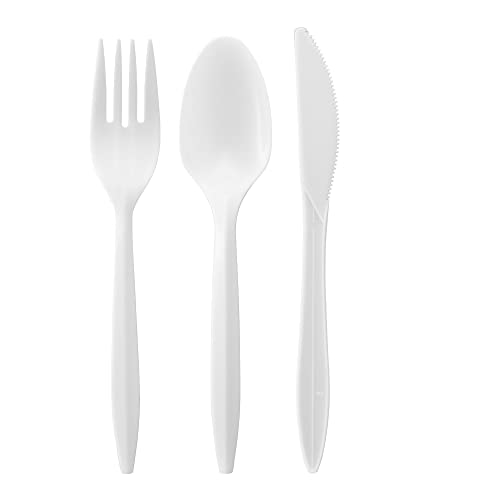 1,000 Plastic Disposable Cutlery Bulk Variety Pack White Medium Weight Includes 334 forks, 333 knives, 333 soup spoons, Disposable Silverware Plastic Cutlery