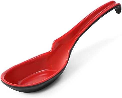 12 PACK Asian Soup Spoons, Rice Spoons, Melamine Chinese Won Ton Soup Spoon For soba, pho, ramen, Noodle, Korean Style Large Spoon with Long Handle- Notch and Hook Style, Red ＆ Black