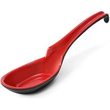12 PACK Asian Soup Spoons, Rice Spoons, Melamine Chinese Won Ton Soup Spoon For soba, pho, ramen, Noodle, Korean Style Large Spoon with Long Handle- Notch and Hook Style, Red & Black