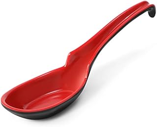 12 PACK Asian Soup Spoons, Rice Spoons, Melamine Chinese Won Ton Soup Spoon For soba, pho, ramen, Noodle, Korean Style Large Spoon with Long Handle- Notch and Hook Style, Red & Black