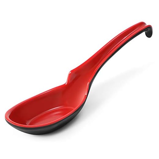 12 PACK Asian Soup Spoons, Rice Spoons, Melamine Chinese Won Ton Soup Spoon For soba, pho, ramen, Noodle, Korean Style Large Spoon with Long Handle- Notch and Hook Style, Red ＆ Black