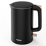 Electric Kettle, 1.7L Double Wall Stainless Steel Cool Touch, Water Boiler & Heater, 1500W Hot Tea Pot, Auto Shut-Off & Boil Dry Protection, BPA-Free, Cordless Base & LED Indicator, Black