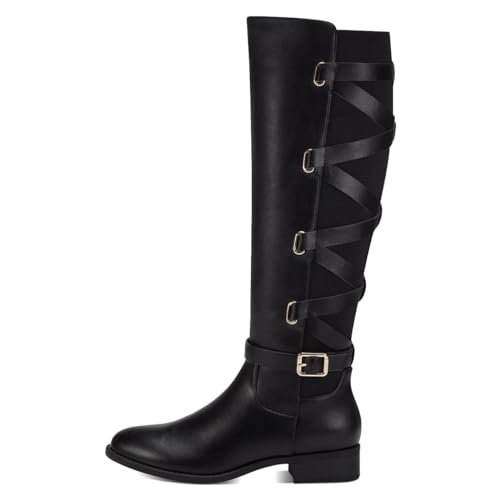 Pazzion Women Rounded Toe Low Thick Heel Knee High Boots Side Zip Crisscross Strappy Buckles Tall Booties Comfy Leisure Outdoor Shoes Size 4-16 US2