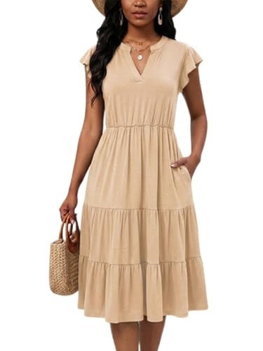 Image of Womens Summer Dress Ruffle Sleeve V Neck Midi Dresses Casual Fit Flowy Tiered Boho Beach Vacation Sundress