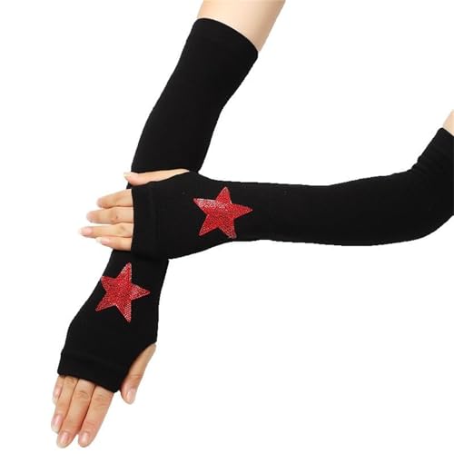 Insgoth Goth Knitted Arm Warmers Fingerless Y2k Punk Fashion Alt Rave Hippie Gothic Emo Elbow Length Sleeves Pentagram Thumb Hole Warm Winter Knit Rhinestone Star Graphic Arm Cover for Women, Black