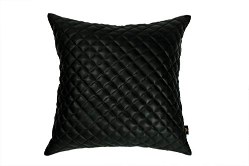 Azrah Traders 100% Lambskin Leather Diamond Lattice Pattern Pillow Cover - Sofa Cushion Case - Decorative Throw Covers for Living Room & Bedroom - 18x18 Inches - Black Pack of 1