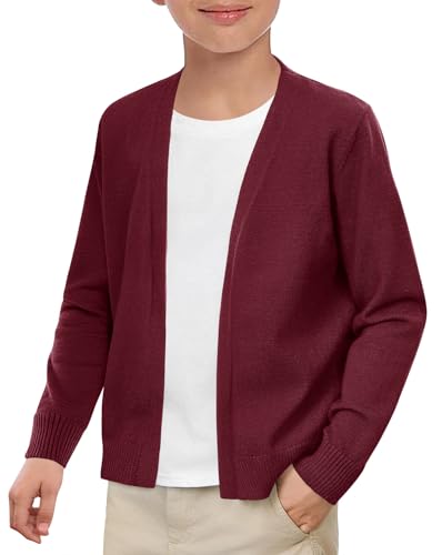 Haloumoning Boys School Uniform Cardigan Sweater Kids Knit Open Front Long Sleeve Outerwear 5-14 Years Wine Red