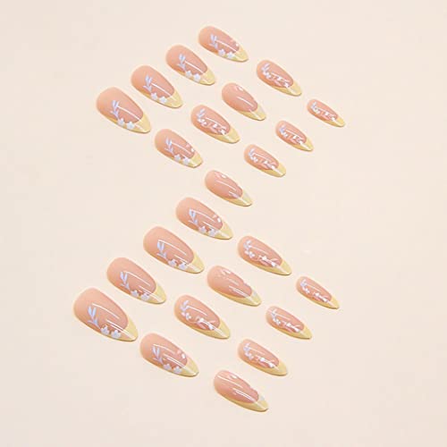 RikView French Tip Press on Nails Medium Length Fake Nails Almond Acrylic Nails Glossy Yellow Nails - Image 4