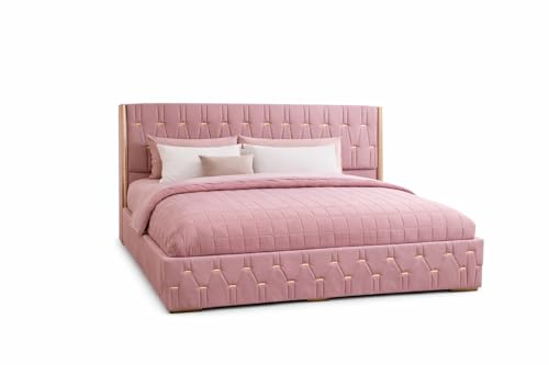 Image of Royal Aura Upholstered Queen Size Bed with Box Storage for Bedroom | Elegant Wooden Double Bed with Storage | Platform Cot Palang with Tufted Headboard | 6.5 x 5 Ft | Sheesham Wood | Pink