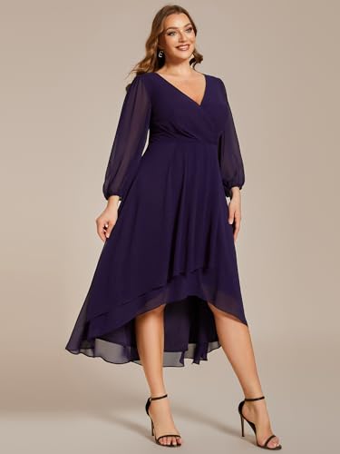 Ever-Pretty Women's A Line V Neck Chiffon Midi Plus Size Semi Formal Wedding Guest Dresses with Sleeves 01926-DA3