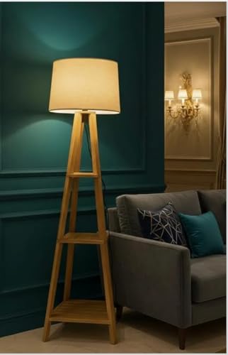 Image of Modern Floor Lamp with Storage Shelves, Wooden Frame, Linen Shade, Standing Light for Living Room, Home Decor