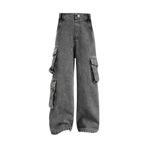 Kids Girls Jeans Baggy Elastic Waist Baggy Wide Leg Jeans Clothes Loose Trousers Vintage Streetwear with Pockets (A, 8-9 Years)