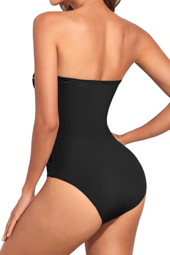 Image of Holipick Women Sexy One Piece Swimsuit Strapless Bathing Suits | Bandeau Neckline, Mesh Cutout Design, Push Up Removable Pads, High Cut, Removable Straps, Pool Beach Cruise Resort