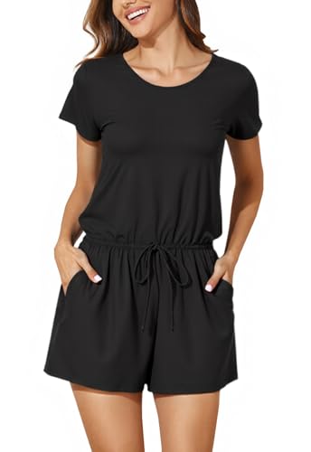 Smismivo Swim Romper with Built in Bra and Pockets Modest One Piece Swimsuit for Women Jumpsuit Short Sleeve Bathing Suit