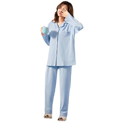 LINXAS パジャマ レディース マタニティ 授乳対応 長袖 コットン 100% 綿 産前 産後 前開き 上下セット 春 夏 秋 冬 ズボン ( ブルー , M )