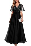 Formal Dresses for Women Black Prom Evening Gown Sequin Tulle V Neck Ruffle Short Sleeve Empire Waist A Line Long Dress
