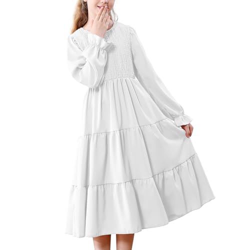 Neutocd Girls Dresses Long Sleeve Crewneck Tiered A Line Midi Smocked Ruffle Flowy Fall Winter Dresses for Girls