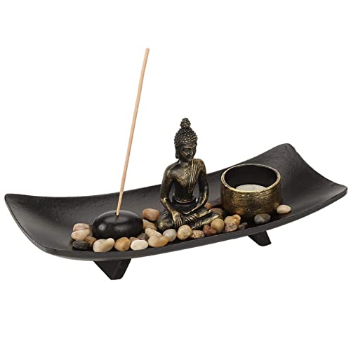 Jardin Zen, Plateau de Jardin Zen avec Statue Bouddha, Porte Encens, Photophore, Galets pour Décoration de Table