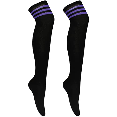 Cherry-on-Top Knee Thigh High Sock Cheerleader Pub Golf Sport Stripe Socks Fancy Dress Black/Purple Stripe