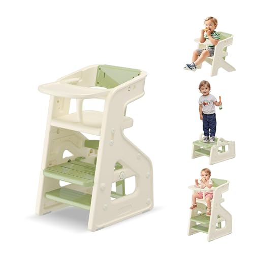 Image of 3-in-1 High Chair for Babies Kids Convertible HighChair Toddlers Adjustable Height Kitchen Step Stool for Sink Kids Chair Removable Tray Ideal for Dining Kitchen and Bathroom Use, Green
