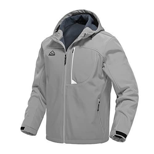 TBMPOY Men's Hooded Softshell Jacket Waterproof Windproof Ski Hiking Outerwear Fleece Lined Winter Coat Light Grey M
