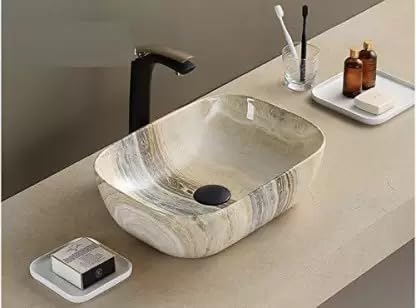 REMANENCE Premium Wooden Style Designer Table Top Ceramic Wash Basin/Vessel Sink with Slim Rim for Bathroom | Over Countertop Basin For Living Room (18 x 13 x 5.5 Inch, Wooden Style Basin 07) (B0CJ5C5ZGS) Amazon Price History, Amazon Price Tracker