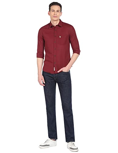 Image of U.S. Polo ASSN. Men's Solid Cotton Linen Tailored Fit Spread Collar Casual Shirt