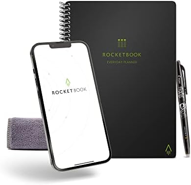 Rocketbook Reusable Everyday Planner – Daily, Weekly, Monthly Planner with Pilot Fixion Pen and Microfiber Cloth Included – Black Cover, Executive Size