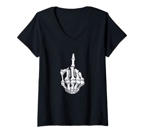 Mujer Fuck off halloween skeleton middle finger Camiseta Cuello V