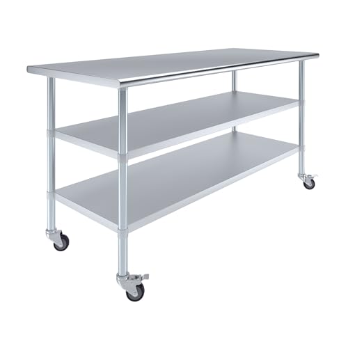 Image of AmGood Stainless Steel Work Table with 2 Shelves and Casters | Metal Utility Table On Wheels (Stainless Steel Work Table with 2 Shelves + Casters, 72 inch Long x 30 inch Deep)