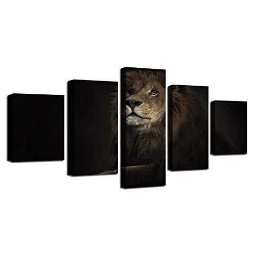 Tableau moderne Lion dans le noir 5 pièces pour habiller un grand mur de salon vide