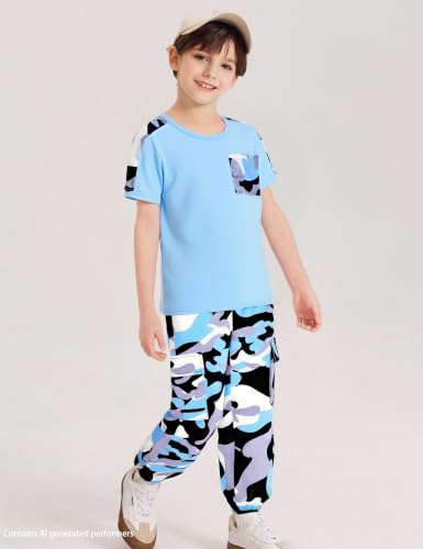 Image of mksodopy Boys Clothes Outfits Set, Camo Cargo Pants and Short Sleeve Pocket Tee 2PC Summer Tracksuit for Kids 5-16Y